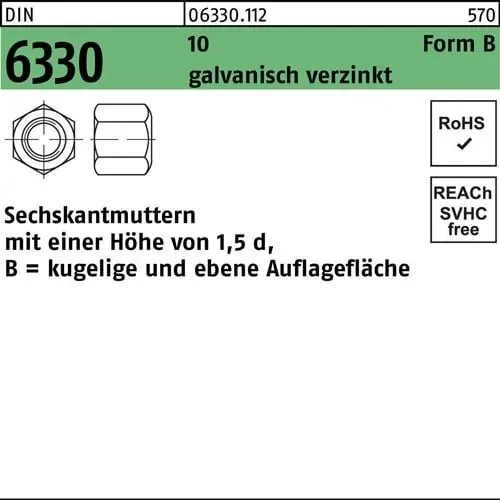 Sechskantmutter DIN 6330 FormB BM 6 SW 10 10 galv.verz. 50 Stück Jetzt Bestellen