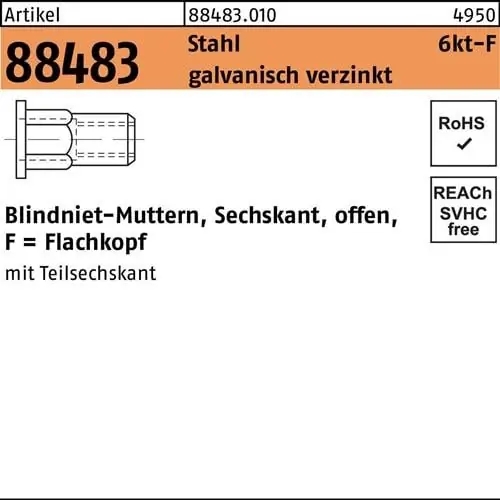 Sechskantblindnietmutter R 88483 FLAKO M8 /0,5 -3,5 Stahl galv.verz. 100St. Sichere Zahlung