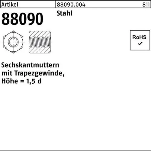 Markenprodukt Sechskantmutter R 88090 Trapezgewinde TR24x5-SW36x36 Stahl Höhe=1,5d 1 Stück