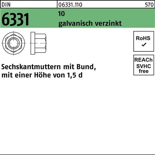 Echt Sechskantmutter DIN 6331 Bund M14 SW 22 10 galv.verz. 10 Stück