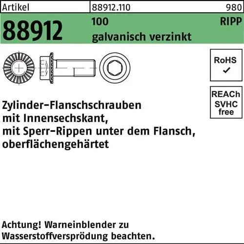 Zertifiziert Zylinderflanschschraube R 88912 Sperr-Ripp Innen-6kt M12x30 100 galv.verz. 100St
