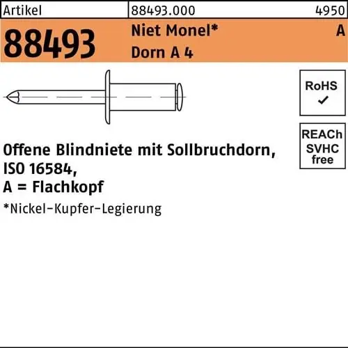 Blindniete R 88493 FLAKO 3,2x 6 Niet Monel/Dorn A 4 500 Stück Zertifiziert
