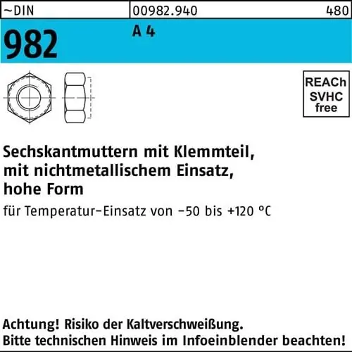 Letzte Chance Sechskantmutter DIN 982 Klemmteil M20 A 4 25 Stück