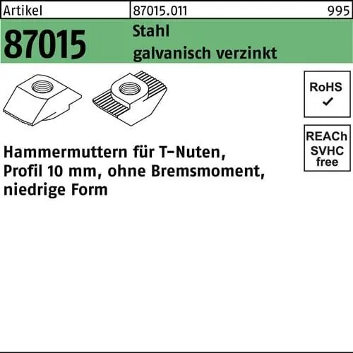 Kracherpreis Hammerkopfmutter R 87015 o.Bremsmoment niedrig 10mm M6 Stahl galv.verz. 100St.