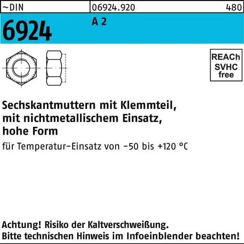 Abverkauf Sechskantmutter DIN 6924 Klemmteil M5 A 2 1000 Stück