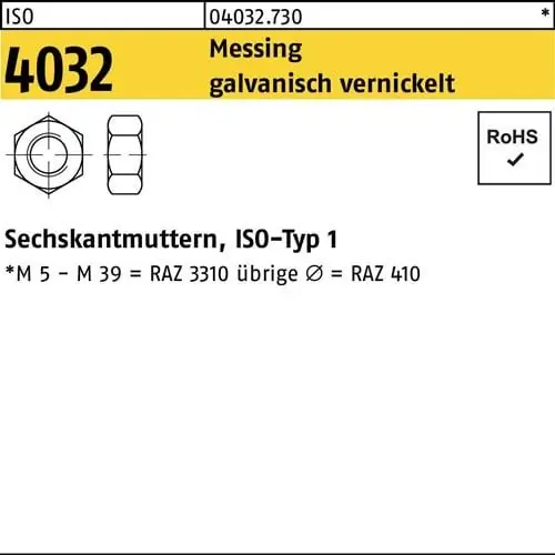 Sechskantmutter ISO 4032 M3 Messing galv. vernickelt 1000 Stück Highlight