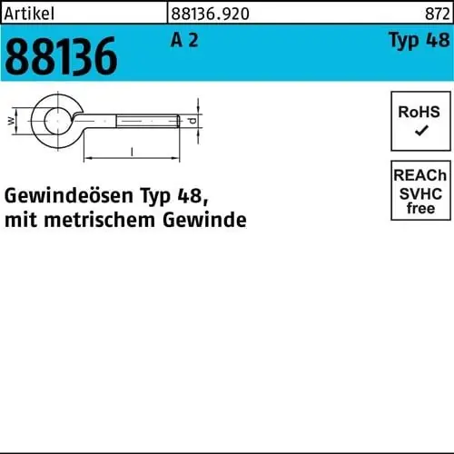Heißes Angebot Gewindeöse R 88136 Typ 48 M4x 10 D 6 A 2 50 Stück