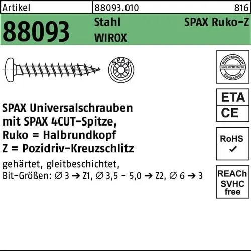 Knallerangebot Schraube R 88093 Ruko Spitze/PZ 4x50/47-Z Stahl galv.verz. WIROX 500St. SPAX