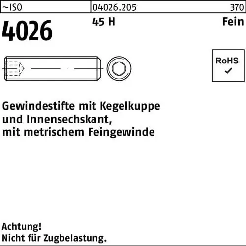 Direkt Vom Hersteller Gewindestift ISO 4026 Kegelkuppe/Innen-6kt M12x 1,5x 45 45 H 100 Stück