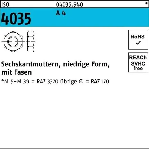 Sechskantmutter ISO 4035 niedrig Fasen M18 A 4 10 Stück Echt
