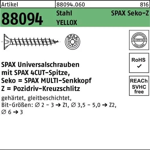 Kostenloser Versand Schraube R 88094 SEKO Spitze/PZ 5x120/69-Z Stahl galv.verz. gelb 200St. SPAX