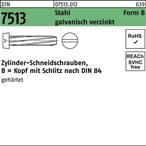 Zertifiziert Gewindeschneidschraube DIN 7513 FormB Zylinder Schlitz BM 4x25 Sta verz. 1000St.