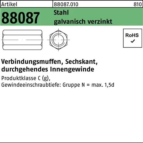 Sechskantverbindungsmuffe R 88087 M6x40 SW10 durchg.IG Stahl gal Zn 100St. Highlight