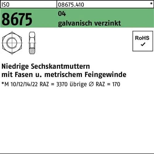 Sechskantmutter ISO 8675 Fasen M36x1,5 Automatenstahl galv.verz. 10St. Garantierte Lieferung