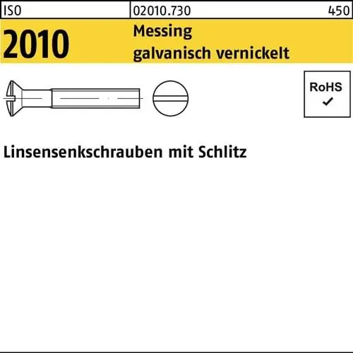 Linsensenkschraube ISO 2010 Schlitz M5x25 Messing galv. vernickelt 200St. Sonderaktion