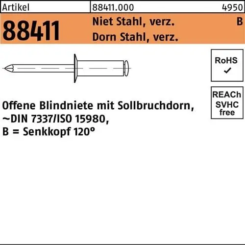 Neu Blindniete R 88411 SEKO 5x10 Niet Stahl verz./Dorn Stahl verz. 500St.