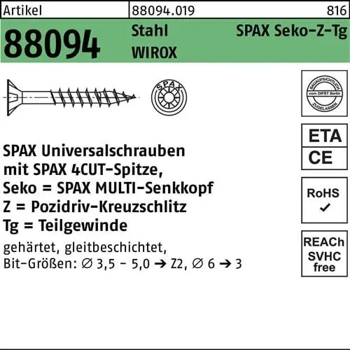 Begrenztes Angebot Schraube R 88094 SEKO Spitze/PZ 5x70/41-Z TG Stahl galv.verz. WIROX 200St. SPAX
