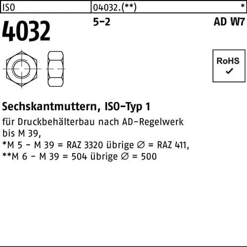 Preiswert Sechskantmutter ISO 4032 M22 5-2 AD W7 50 Stück