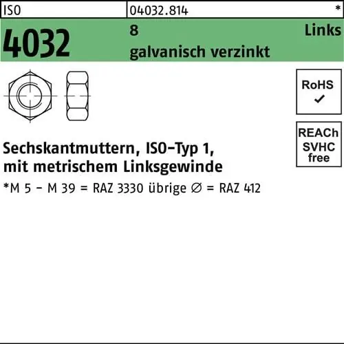 Sechskantmutter ISO 4032 links M30 8 galv.verz. 25 Stück Angebot