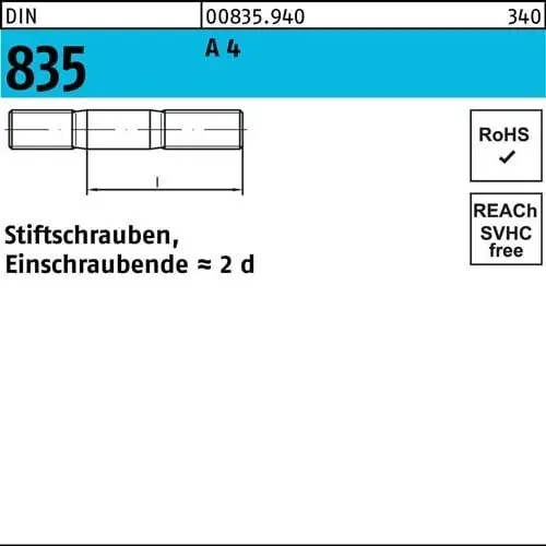 Stiftschraube DIN 835 M8x 30 A 4 Einschraubende=2d 10 Stück Zertifiziert