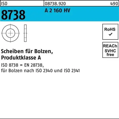 Zertifiziert Unterlegscheibe ISO 8738 f.Bolzen 12 A 2 160 HV 25 Stück