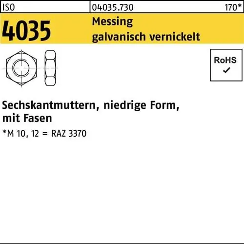 Neue Ware Sechskantmutter ISO 4035 niedrig Fasen M3 Messing galv. vernickelt 100St.