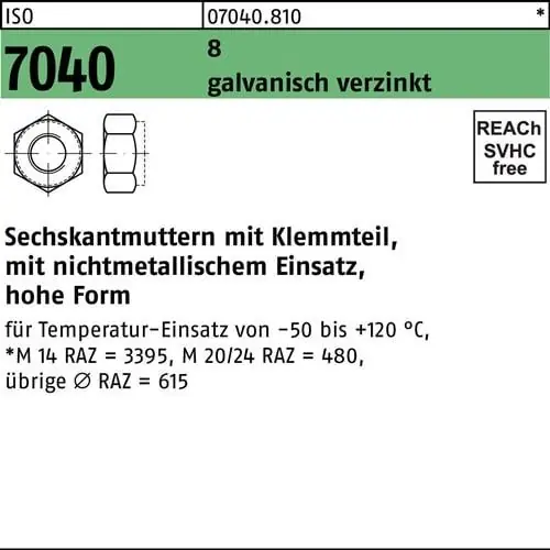 Mega-Angebot Sechskantmutter ISO 7040 Klemmteil M14 8 galv.verz. 100 Stück