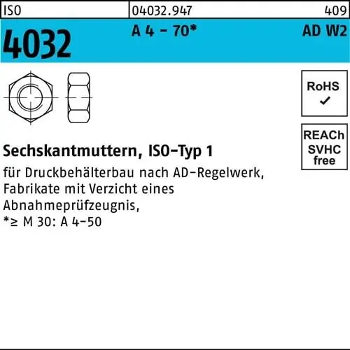 Sechskantmutter ISO 4032 M24 A 4 - 70 AD-W2 25 Stück Expressversand