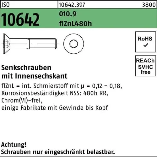 Neu Senkschraube ISO 10642 Innen-6kt M12x30 010.9 flZnL 480h zinklamellenb. 100St.