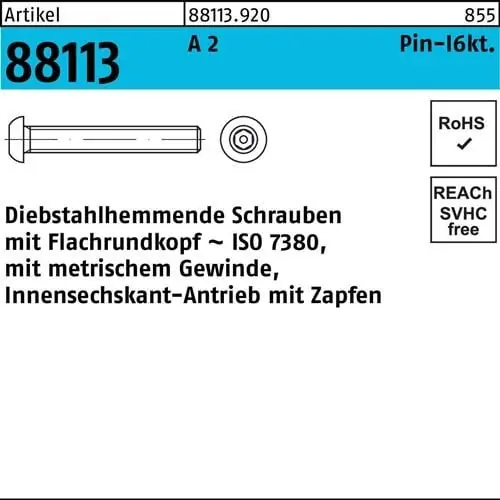 Kostenloser Rückversand Schraube R 88113 diebstahlh. Innen-6kt Zapfen M3x 10 A 2 100 Stück