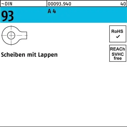 Zertifiziert Unterlegscheibe DIN 93 Lappen 6,4 A 4 50 Stück