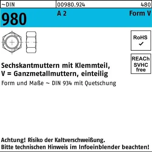 Super-Preis Sechskantmutter DIN 980 Klemmteil VM 10 A 2 500 Stück