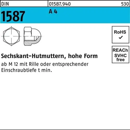 Neue Ware Sechskanthutmutter DIN 1587 M12 SW 19 A 4 25 Stück