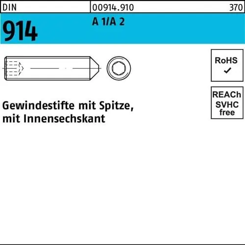 Neue Kollektion Gewindestift DIN 914 Spitze/Innen-6kt M12x 25 A1/A2 50 Stück
