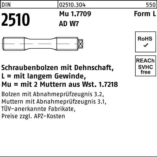 Schraubenbolzen DIN 2510 Dehnschaft/2Muttern LM 39x 220 Mu 1.7709 1 Stück Aktuell