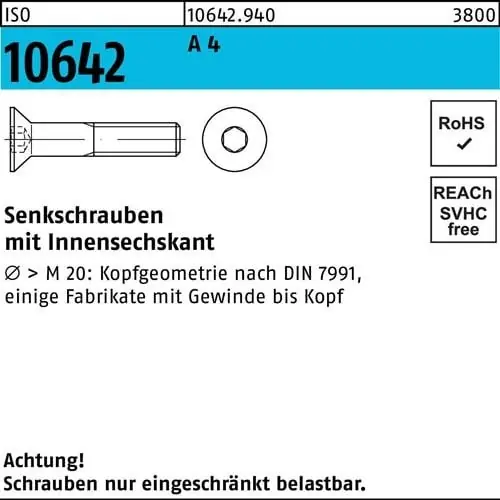 Kostenloser Rückversand Senkschraube ISO 10642 Innen-6kt M10x 45 A 4 100 Stück