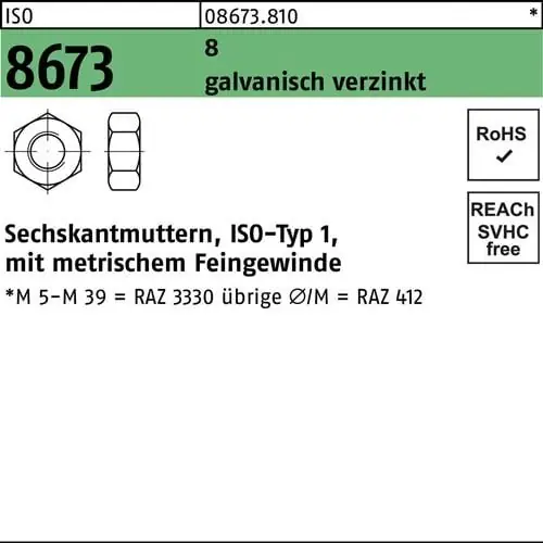 Angebot Sechskantmutter ISO 8673 M20x 1,5 8 galv.verz. 50 Stück