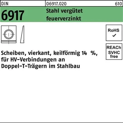 Aktuell Unterlegscheibe DIN 6917 ÜH vierkant keilförmig 23 Stahl C45 feuerverz. 1St.