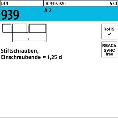 Stiftschraube DIN 939 M12x 25 A 2 Einschraubende=1,25d 25 Stück Neu Im Sortiment