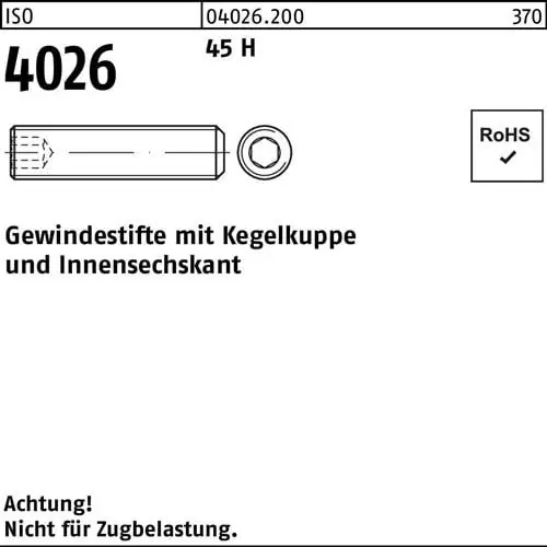 Gewindestift ISO 4026 Kegelkuppe/Innen-6kt M6x 12 45 H 1000 Stück Neue Kollektion