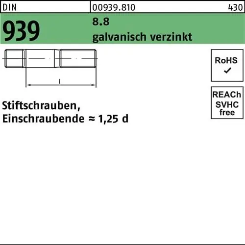 Bestpreis Stiftschraube DIN 939 M6x16 8.8 galv.verz. Einschraubende=1,25d 100St.
