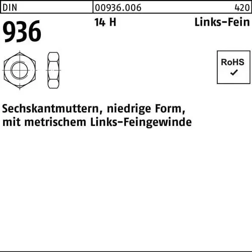 Sechskantmutter DIN 936 links M12x 1,5 -LH 14 H 100 Stück Sichere Zahlung