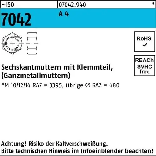 Neu Im Sortiment Sechskantmutter ISO 7042 Klemmteil M20 A 4 25 Stück