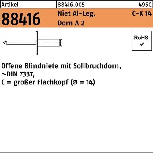 Abverkauf Blindniete R 88416 großer FLAKO 5x20 D.14mm Niet Aluminium/Dorn A 2 250St.