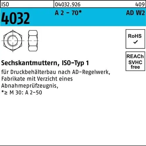 Gratis Versand Sechskantmutter ISO 4032 M16 A 2 - 70 AD-W2 50 Stück