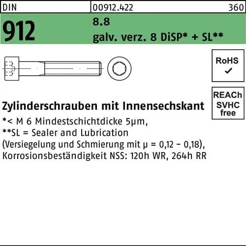 Schnäppchen Zylinderschraube DIN 912 Innen-6kt M10x120 8.8 gal Zn 8 DiSP + SL 50St.