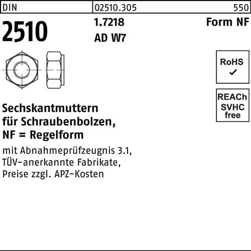 Sechskantmutter DIN 2510 f.Schraubenbolzen NF M20 1.7218 1 Stück Sichere Zahlung
