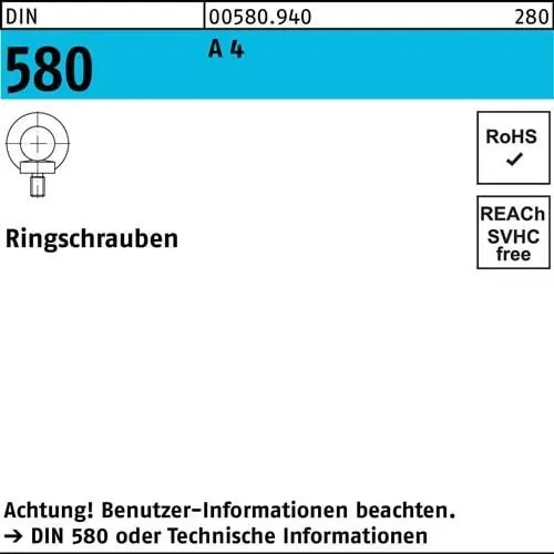 Ringschraube DIN 580 M 16 A 4 Ohne Oberflächenangabe 5 Stück Geprüft