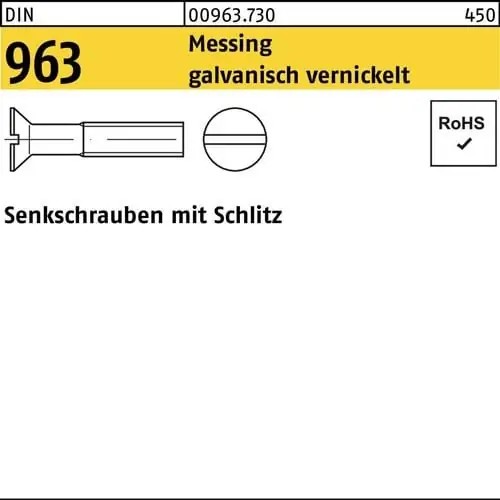 Bestpreis Senkschraube DIN 963 Schlitz M3x 10 Messing galv. vernickelt 200 Stück