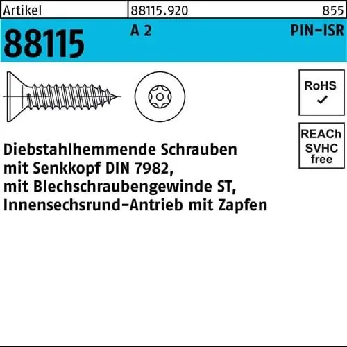 Schraube R 88115 diebstahlh. Seko ISR Zapfen 5,5x 63 A 2 100 Stück Top-Angebot